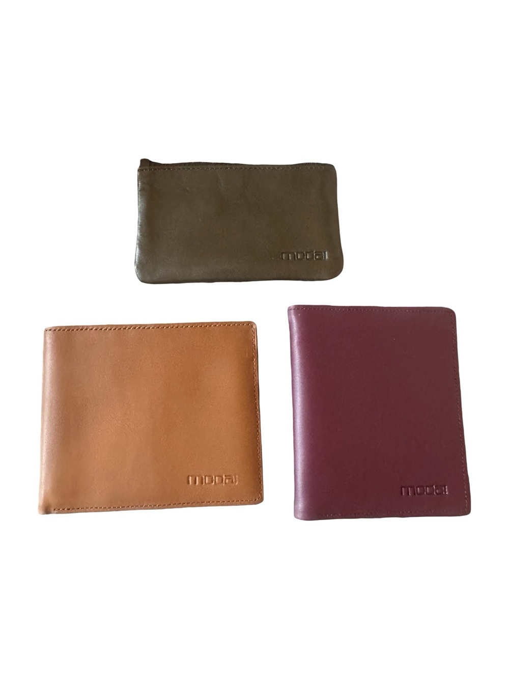 Moda Leather Wallet Trio in Olive, Tan, and Burgundy